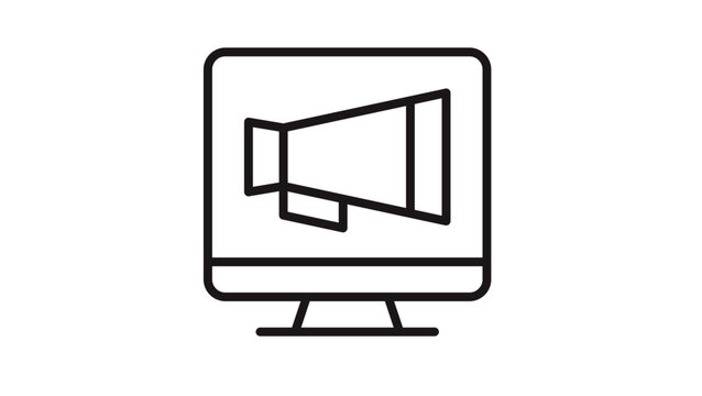 Minimalist black line art vector icon illustration of a megaphone or bullhorn on a computer monitor screen, representing digital marketing, online advertising, and social media broadcasting.