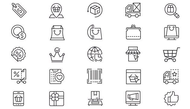 E-commerce and Logistics Vector Icon Set: 25 Minimalist Black Line Symbols for Online Shopping, Retail, Shipping, Delivery, Finance, Marketing, and Business. Includes Cart, Truck, Gift, and Coupon.