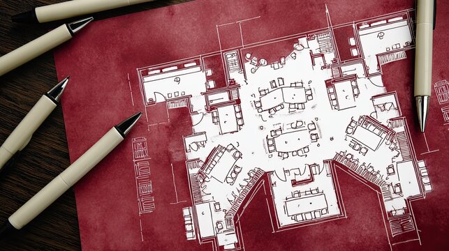 Detailed interior floor plan sketch overlaid with drafting instruments rests on a dark surface