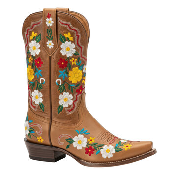 Tan leather western cowgirl boot featuring vibrant multi-colored floral embroidery and stitching