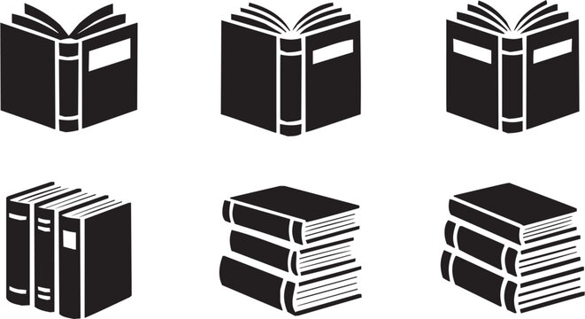 Book icon set. Vector pictograms of stacked books, open book, closed book, literature, text, author, study, education, reading, document, knowledge. Vector illustration isolated on transparent backgro