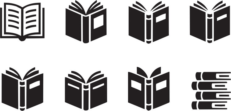 Book icon set. Vector pictograms of open book, closed book, literature, text, author, study, education, reading, document, knowledge, library. Vector illustration isolated on transparent background