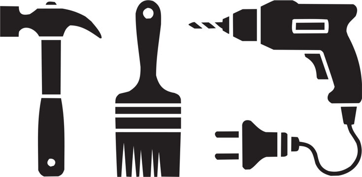 Painting and drilling icon set. Vector pictograms of paintbrush, drill bit, craft, design, repair, workshop, tools, construction, labor, art, build, work. Vector illustration isolated on transparent b
