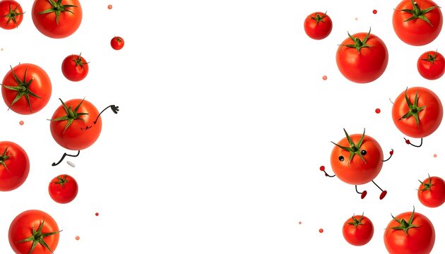 Bright, playful food art features tomatoes with limbs & happy expressions against a clean, white backdrop