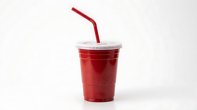 Red plastic disposable cup with white lid and red straw on white background