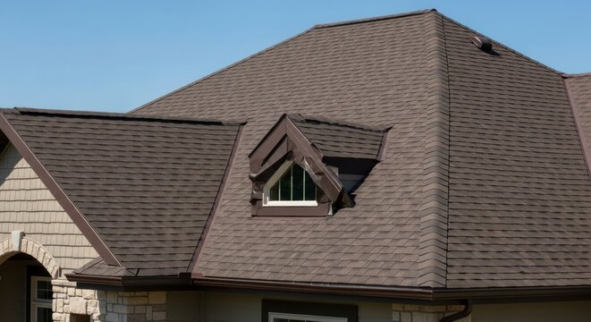 Pristine Dark Architectural Shingle Roof with a Gabled Dormer Window Under a Clear Sky