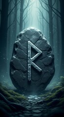 Fototapeta premium Sacred Raido Runestone Glowing in a Mysterious, Moonlit Nordic Forest