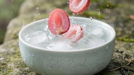 Fototapeta premium Macro shot of vivid Lychee slices dramatically splashing into water with large ice cubes, oriental zen aesthetic, soft porcelain