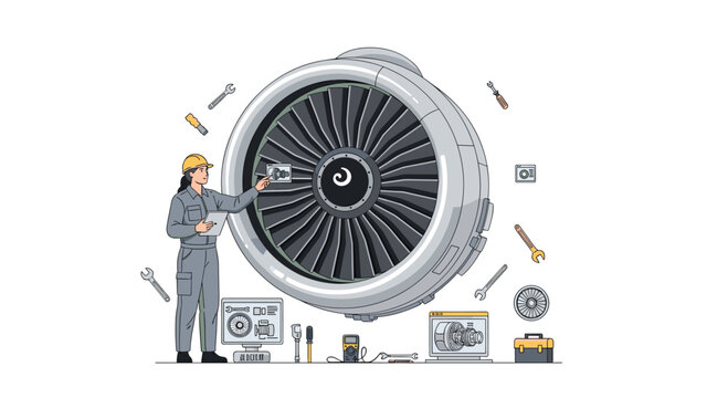 A professional female aerospace engineer in a grey jumpsuit and yellow hardhat inspects a massive jet turbine engine surrounded by various floating tools.