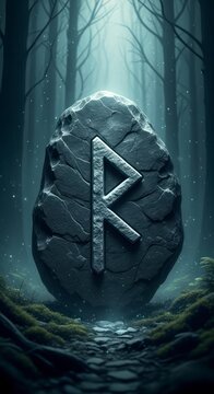 Sacred Raido Runestone Glowing in a Mysterious, Moonlit Nordic Forest