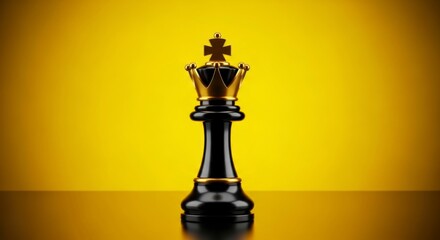 Fototapeta premium Regal Solitude: A Black Chess King with a Golden Crown on a Luminous Yellow Stage