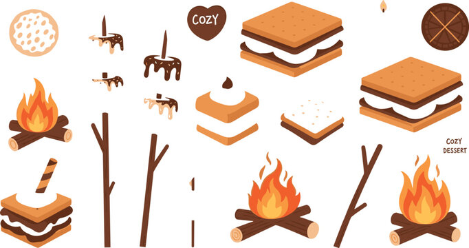 Cozy Dessert S'mores Vector Set with Roasting Marshmallows, Fire, and Campfire Treats for Outdoor and Winter Delights