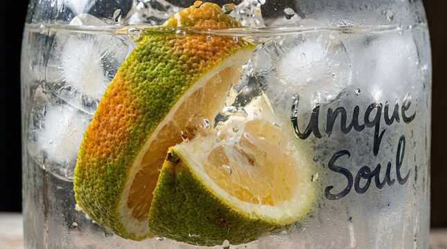 Macro shot of vivid Ugli Fruit slices dramatically splashing into water with large ice cubes, wabi-sabi aesthetic, beautiful