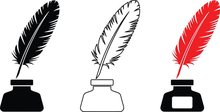 Quill pen icons set, ink bottle writing symbols, creativity artistic expression vector design, literature calligraphy illustration graphic