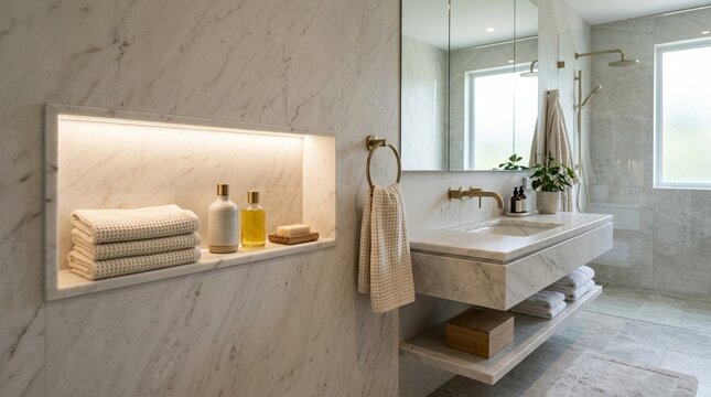 Side view of an elegant upscale bathroom highlighting wall niche, sink, mirror reflection, brass fixtures, stone surfaces, and