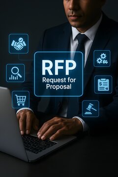 Businessman in a suit types on a laptop, with rfp request for proposal surrounded by essential business and procurement icons.