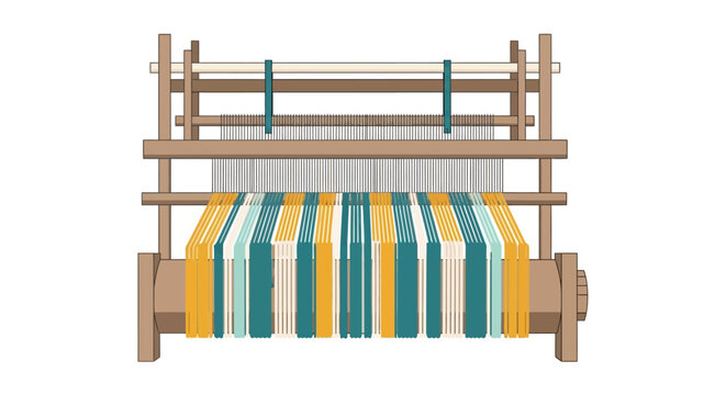 Wooden weaving loom with colorful textile fabric.