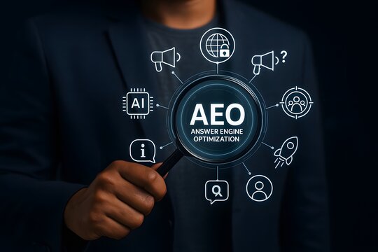Hand holds a magnifying glass over "aeo answer engine optimization" with surrounding digital marketing icons, including ai.