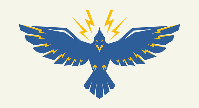 Stylized blue raven with yellow lightning bolts.