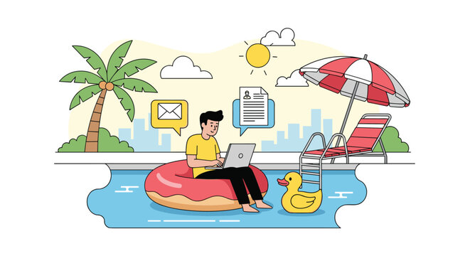 Freelance worker relaxing on donut float in swimming pool while using laptop for remote business tasks during tropical vacation.