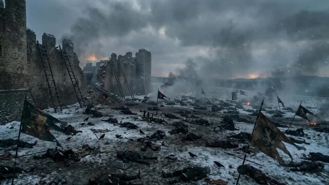 Devastated Battlefield with Smoke and Ruins After Conflict