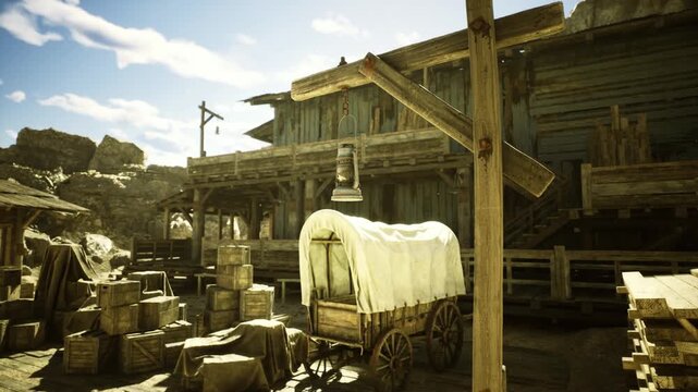 A rustic western town features wooden buildings and a covered wagon in the foreground. Sunlight enhances the charm of this serene setting. Wooden crates are scattered, adding to the atmosphere.