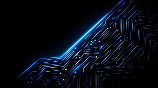 Abstract Circuit Design with Blue Neon Lights on Black Background