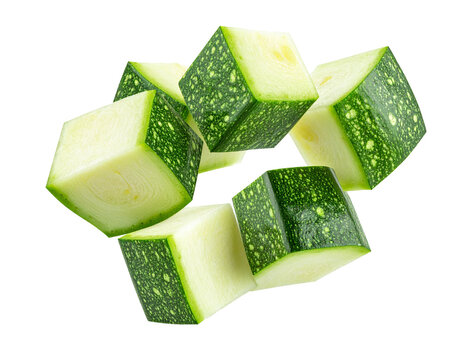 Falling zucchini cubes isolated on white background, group of flying courgette dice with motion for healthy cooking and food preparation compositing