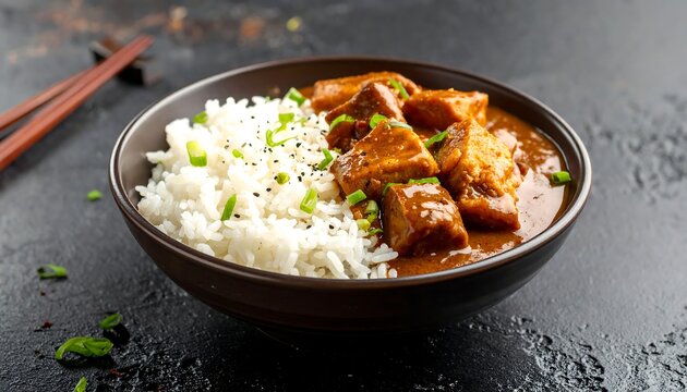 Brown bowl rice and tofu curry, garnished with green onions. Chopsticks rest to the left, on a dark textured surface