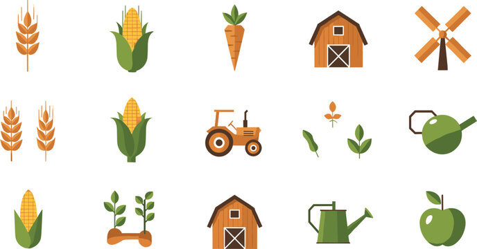 Farm and Agriculture Icons Set Featuring Crops, Tractor, Barns, and Farming Tools for Organic, Rural, and Harvest Concepts