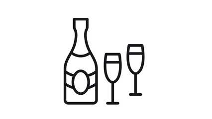 Minimalist black line vector icon of a champagne bottle and two flutes, perfect for celebration, wedding, party, or New Year's Eve toast illustration, scalable graphic symbol on white background. © Saif