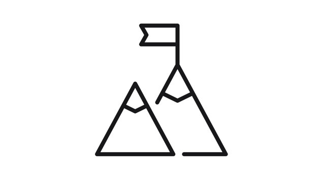 Minimalist black line art vector icon of mountain peaks with a flag on the summit, symbolizing achievement, success, goal setting, mission accomplishment, and leadership in a scalable graphic.