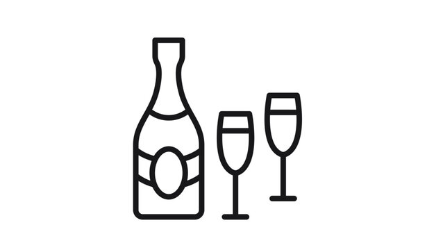 Minimalist black line vector icon of a champagne bottle and two flutes, perfect for celebration, wedding, party, or New Year's Eve toast illustration, scalable graphic symbol on white background.