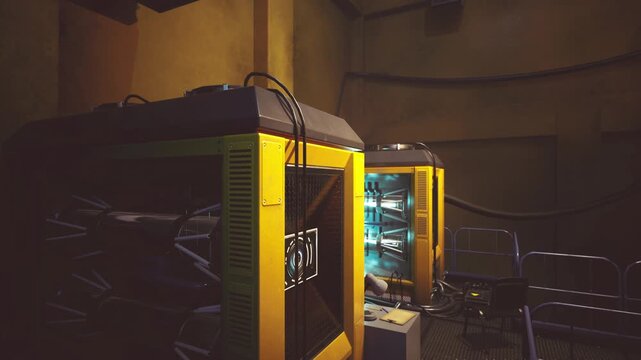 Two pieces of industrial machinery are illuminated in a dark warehouse, highlighting their intricate designs and cables. The atmosphere suggests a busy working environment.