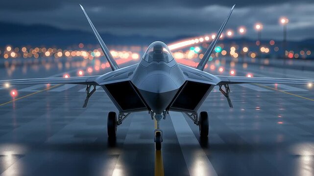 Modern stealth fighter jet on runway at night with city lights creating a powerful military aviation and defense concept