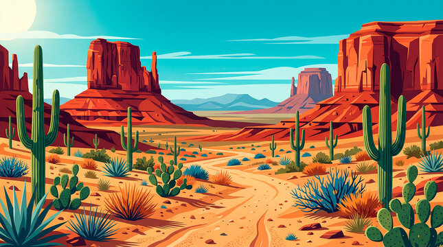 Vibrant desert landscape with towering mesas, saguaro cacti, and a winding dirt road