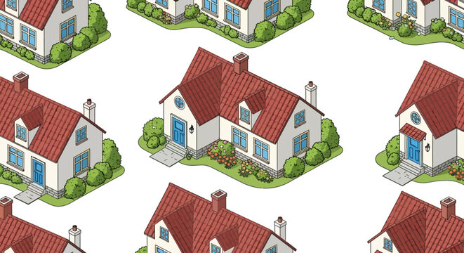 Isometric illustration of repeating houses with red roofs and green lawns