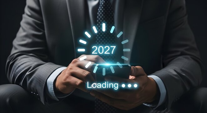 Person holding glowing smartphone displaying loading screen with future year 2027 and progress indicator.
