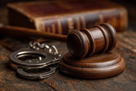 Gavel and handcuffs on wooden table with old law book in the background during a legal context
