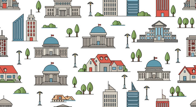 Seamless vector pattern of city buildings and urban architecture designs