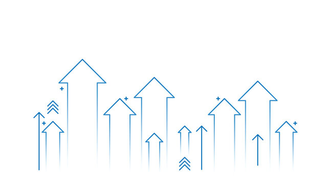 Growth arrow vector icon set with transparent background, flat blue outline upward pointer symbols with single, double, chevron, tall, short variations, isolated PNG, cutout finance design
