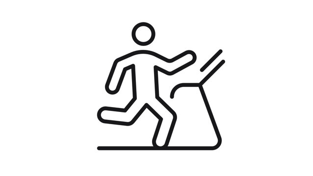 Minimalist black vector icon illustration of a person running on a treadmill machine, representing fitness, gym cardio workout, physical exercise, and healthy lifestyle in a clean line art style.