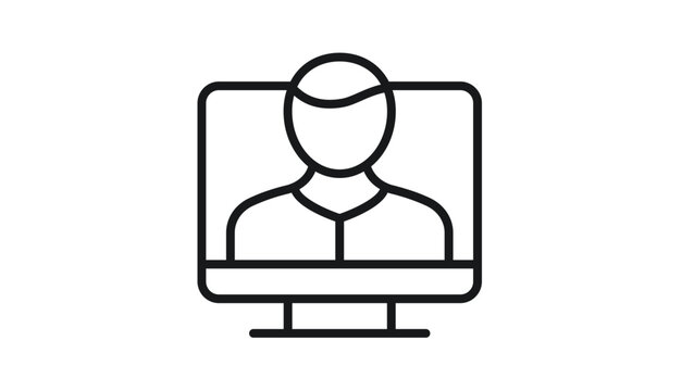 Black line art vector icon illustration of a person silhouette on a computer monitor screen, symbolizing online education, video conferencing, remote work, digital user profile, and webinar.