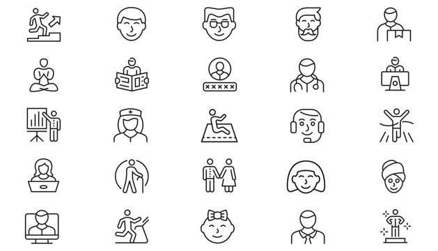25 Black Vector Icon Set of People and Professions. Minimalist Symbols for Business, Healthcare, Fitness, Education, and Lifestyle. Includes Avatars, Success, Achievement, and Daily Activity Icons.