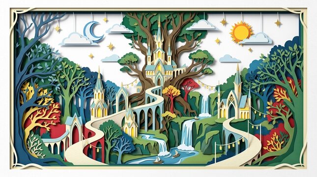 depth. The background is clean white paper with floating paper clouds and element (sun, moon, stars). The lighting is bright and