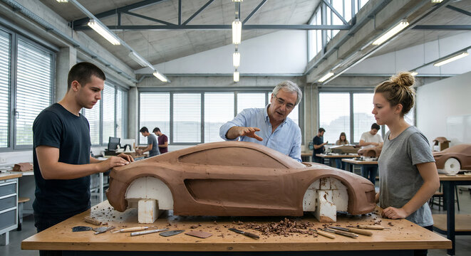 Professor automotive designer explain two students clay scale model of a sports car in a design studio