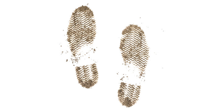A pair of muddy shoe prints showing a distinct tread pattern isolated on a plain white background