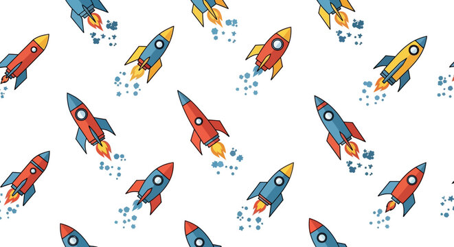 Colorful rocket ship pattern on white background for commercial design