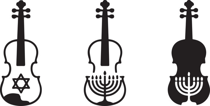 Violin with Star of David, violin with Menorah, violin silhouette with Menorah, musical instruments and religious symbols