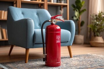 Obraz premium Safety equipment placed near a chair in a living room with a bookshelf and plants in the background